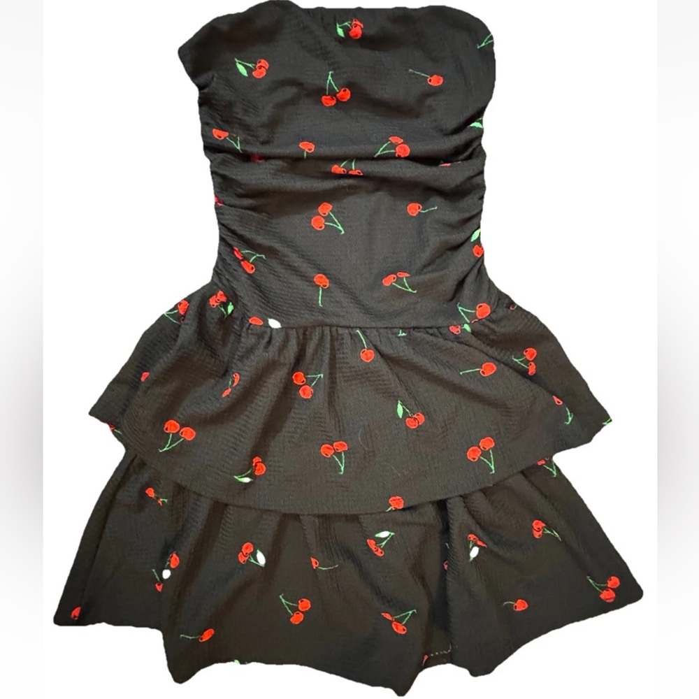 NWOT Haley & June Womens Small Black Strapless Two Tiered Mini Dress Cherrys